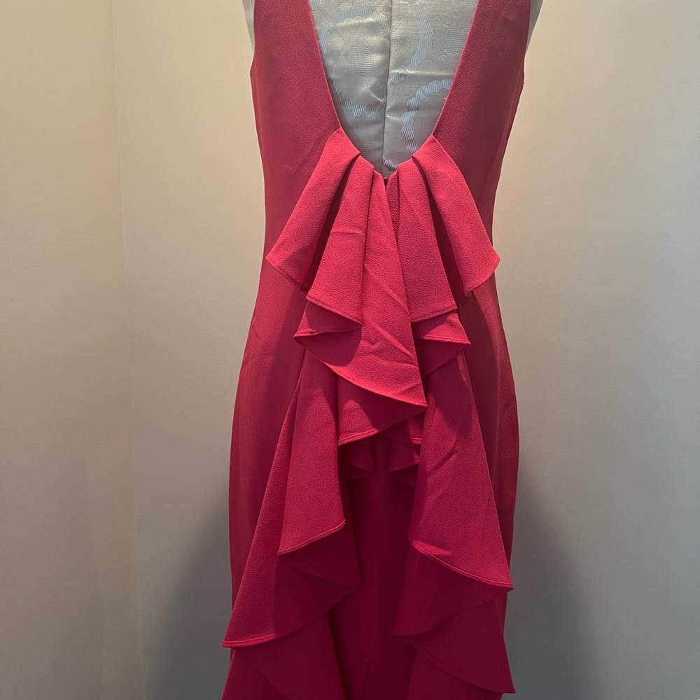 Badgley Mischka Hot Pink Backless Ruffle Evening Gown